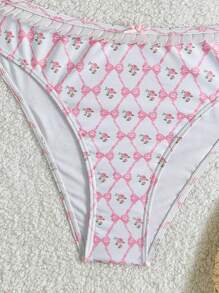 SHEIN Teen Girls Summer Beach Vacation Pink Ditsy Floral, Ruffle Trim, Bow, Rose Flower Decor Spaghetti Strap Crop Top Swimwear/Back-To-School Outfit, Cute, Holiday Family Outdoor Spring Picnic Everyday Wear, Suitable For Various Occasions - Multicolor - View 5