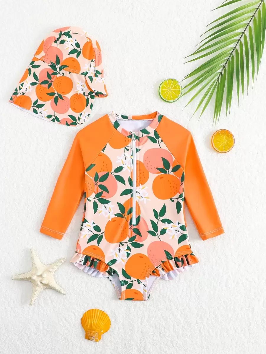 SHEIN Baby Girls One-Piece Swimsuit With Random Print & Ruffle Trim, Comes With Hat - Multicolor - View 1