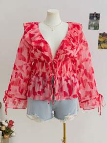 Soleia Áo cánh tay chuông cổ chữ V in họa tiết hoa Boho cỡ lớn cho nữ có dây buộc phía trước, thích hợp cho kỳ nghỉ, mùa thu/đông, ngày lễ tình nhân - Nhiều màu - Xem 9