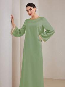 Graceveil Ribboned Ruffle Hem Women's Arabian Style Dress, Suitable For Spring And Autumn Modest