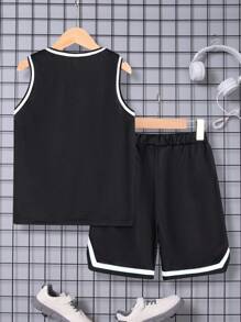 SHEIN Tween Boys' Casual Color Block Sleeveless Vest Top And Shorts Set, Tween Size
