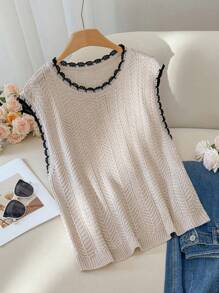 SHEIN Frenchy Plus Size Women's Summer New Vacation Woman Summer For Women Business Casual Woman Office For Women Boho Women Country Women Mesh Top Vacation Tops Beach Vacation Classy For Women Old Money Airport For Women Fashion Elegant Vacation Commuter Vest Style Sleeveless Crochet Khaki Apricot Hit Black Trim Knit Vest Top Y2k Tops - Apricot - View 1