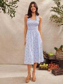 WESTFADE Summer Cherries Printed Gingham Smocked Square Neck Cute Bow Tie Backless A Line Ruffle Midi Dress Country Western Cowgirl Dress Spring Break Beach Vacation Outfit - Blue - View 2