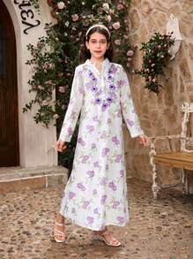 SHEIN 1 pièce Robe à manches longues avec col en V à motif floral imprimé numérique pour préadolescente, convient pour rester à la maison, assortiment de tenues pour frères et sœurs (2 pièces vendues séparément)
