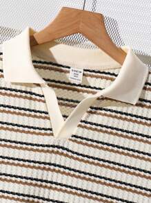 SHEIN LMoss Kids Camisa tipo polo de punto de manga corta con cuello de rayas, corte holgado para niños preadolescentes
