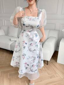 Modelyn Đầm lưới cổ vuông in hoa tay dài cho nữ, thanh lịch - trắng - Xem 5