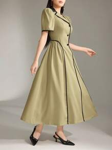 Heiryn Women's Long Solid Color Short Sleeve Contrast Trim Dress, Simple & Fashion For Summer - Olive Green - View 4