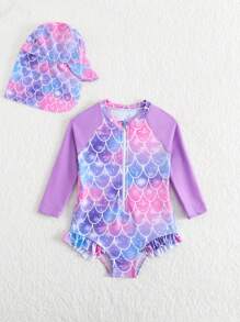 SHEIN Baby Girls 1-Piece Swimsuit With Random Print And Ruffle Trim (Includes Swimming Cap) - Multicolor - View 5