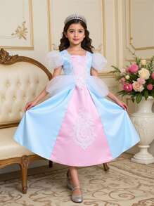 SHEIN Young Girl Princess Style Puff Sleeve Patchwork Fluffy Party Dress - Blue - View 1