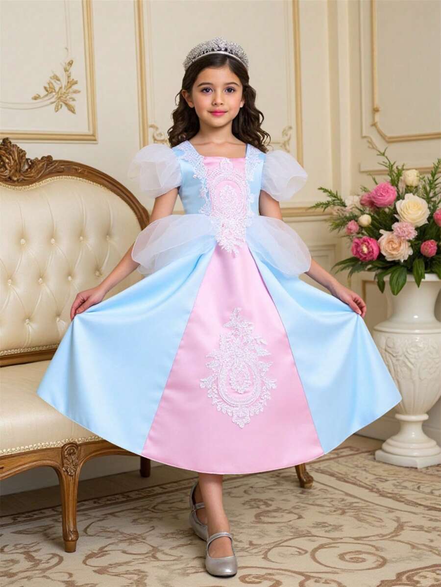 SHEIN Young Girl Princess Style Puff Sleeve Patchwork Fluffy Party Dress - Blue - View 1
