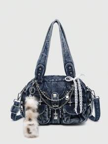 ROMWE Grunge Punk Women's Vintage Distressed Ombre Cross & Heart Decor Shoulder Tote Bag With Bowknot, Large Capacity Multi-Pocket Shoulder Bag - Blue - View 1