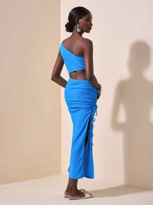 Slaydiva 新款春夏休闲度假单肩收腰镂空侧收褶高开衩至大腿蓝色波浪纹针织面料女长裙-A