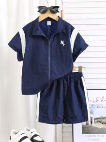 SHEIN X JIMENA & MATEO 2pcs Young Boy Casual Daily Versatile Loose Comfortable Contrast Color Short Sleeve Jacket & Shorts Set, Sports Suit