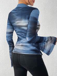 Chiquease Camiseta básica de manga larga con decoración plisada, estampado de teñido anudado y malla, estilo vintage americano para mujer en otoño/invierno y primavera