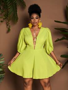 Maweii Plus Size Vacation Casual Solid Color Lantern Sleeve Romper - Green - View 5