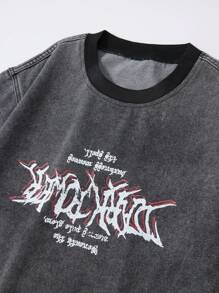 ROMWE MEN Street Life Men's Prep Letter Print Loose Fit Round Neck Short Sleeve Denim Top - Black - View 5