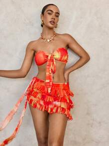 Swim Glamine 女士性感扎染印花基本款抹胸比基尼套装 - 紅色 - 查看 4