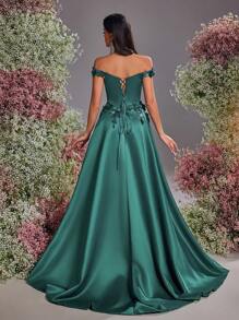 Glamrae Elegant&Luxurious Off Shoulder Satin Gown,3D Floral Design,High Slit,Ruched Flared Maxi Train Dress For Weddings,Galas,Formal Evening Party Guest - Olive Green - View 3