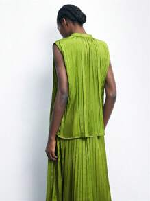 Maija Women's Green Satin Pleated Design Spring Summer Attire, Contemporary Resort Boho Chic Versatile Relaxed Fit With Slight Stretch, Loose Dolman Long Sleeve Mock Neck With Bowknot Neck Decoration, Suitable For Business Casual, Concerts, Cruises - Elegant, Sophisticated, Romantic, Effortless High-End Look - Green - View 5