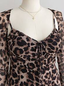 SHEIN WYWH 大码女式豹纹印花网眼连衣裙配长袖夹克，两件套