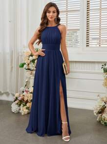 SHEIN Belle Halter Neck High-Slit Bridesmaid Dress (Adult) - Navy Blue - View 4