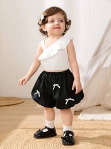 Cozy Pixies Shorts décontractés pour bébé fille avec nœud 3D décoratif et taille élastique - Noir - Voir 3