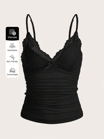 SHEIN ICON Elegant Solid Contrast Lace Ruched Y2k Cami Top