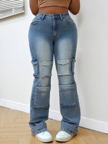 SHEIN Slayr Women's Multi-Pocket Flared Casual Versatile Denim Jeans