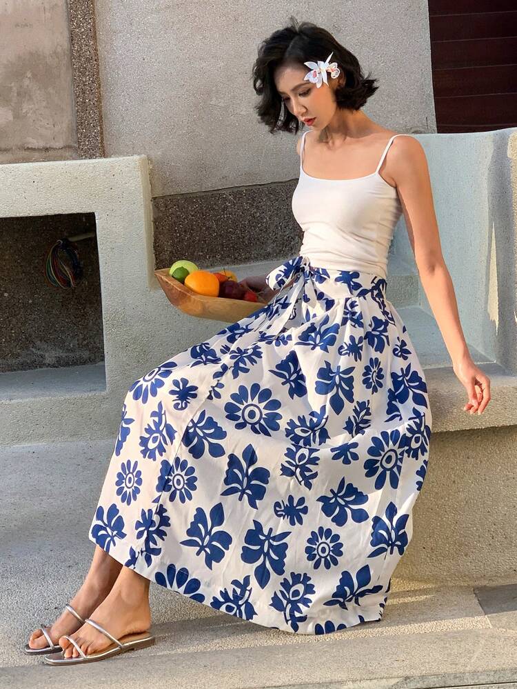 Women's Floral Print A-Line Waist Belt Maxi Casual Skirt