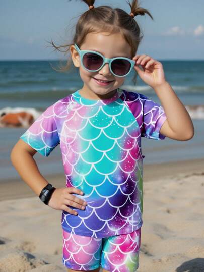 年轻女孩运动泳装套装，简约欧美风格，彩虹闪光鱼鳞图案。易于穿脱。适合游泳、海滩、玩水等场合，2025春夏新款泳装系列