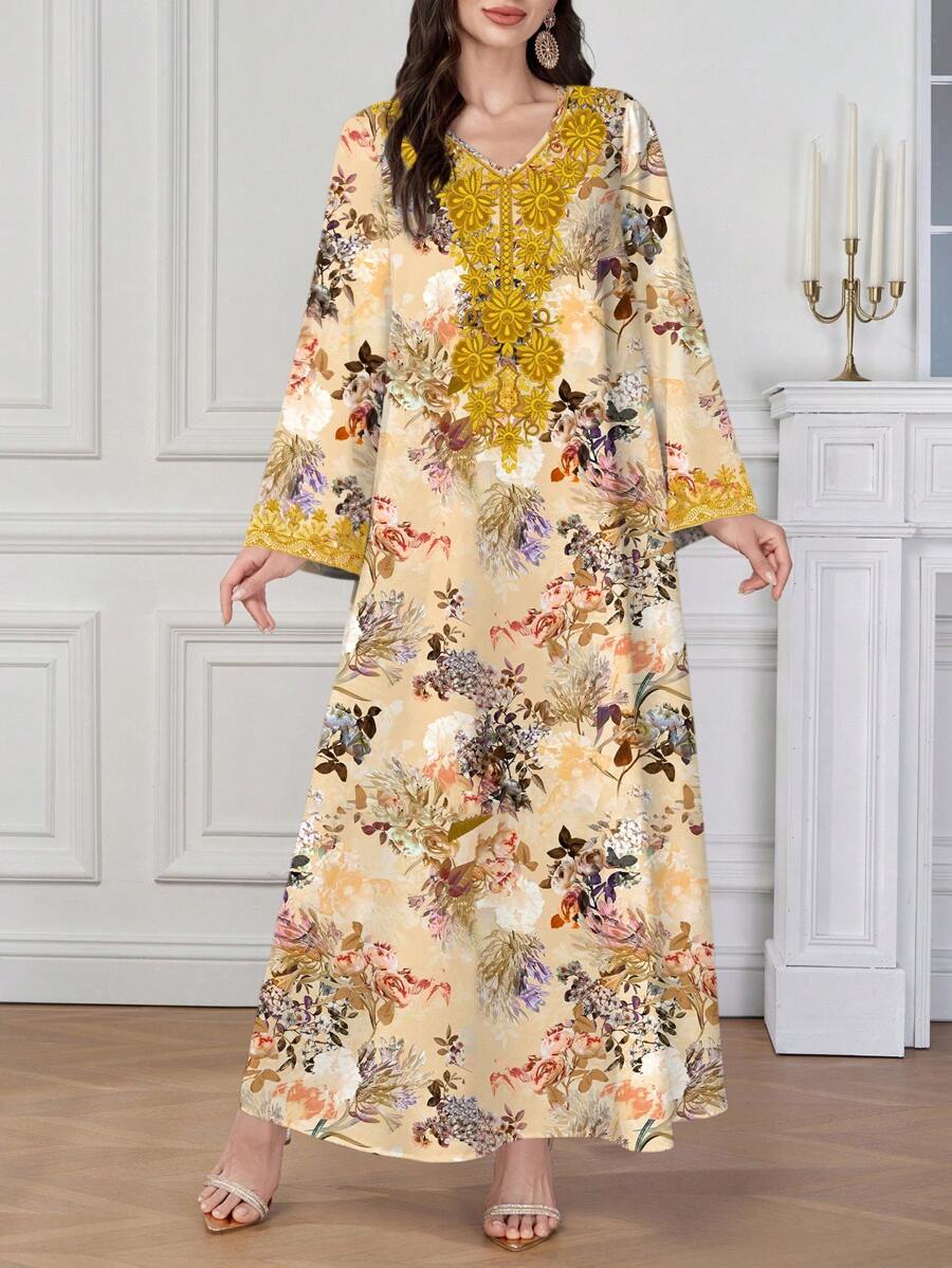 Al Najma Women's Elegant Retro Floral Placement Print Arabic Style V-Neck Dress - Apricot - View 1