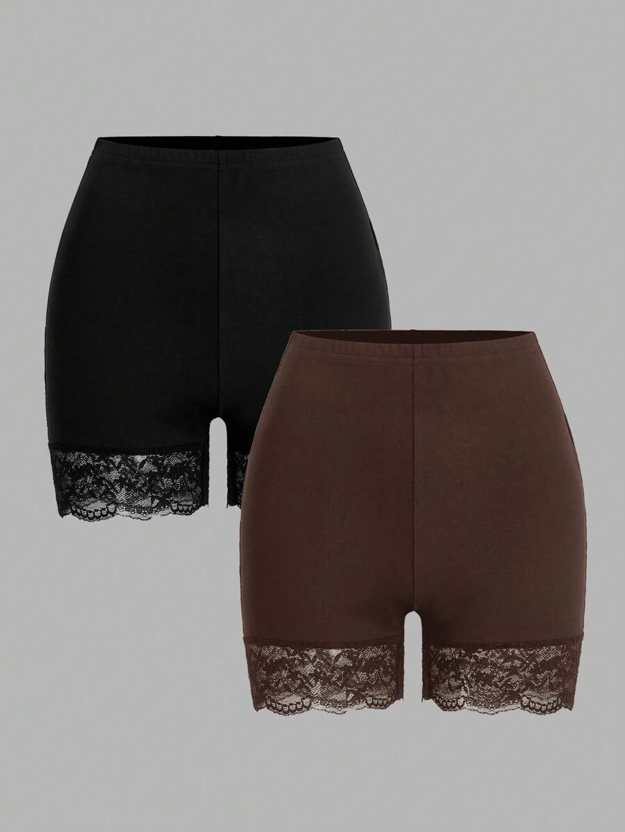 SHEIN Essnce 2pcs/Set Women Plus Size Lace Patchwork Leggings - Multicolor - View 1