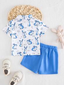 男婴两件套可爱卡通兔子印花翻领衬衫和短裤，蓝色 - 藍色 - 查看 3