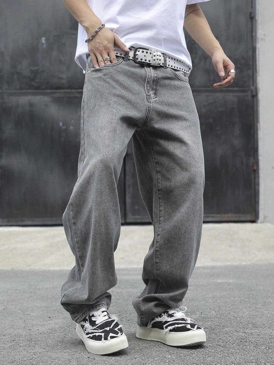 Manfinity Hypemode Loose Fit Men's Slant Pocket Wide Leg Jeans - Light Grey - View 1