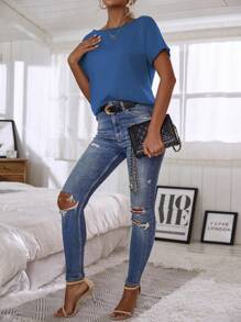 EMERY ROSE Women's Solid Color Asymmetric Neck Casual Short Sleeve T-Shirt - Blue - View 4