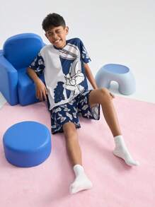 LOONEY TUNES X SHEIN Tween Boy Cartoon Rabbit Print Casual Short Sleeve T-Shirt And Shorts Comfortable Pajama Set