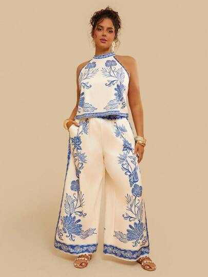 Travachic Plus Size Bohemian Casual Holiday Summer Beach Outfit - Halter Halterneck Crop Top + Loose Wide Leg Pants With Pockets, Women 2 Pieces Set,Holiday Outfits Boho