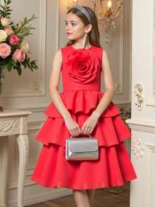 Tween Girls Multilayer Elegant Red Floral 3D Tutu Princess Dress, Suitable For Banquet - Red - View 1
