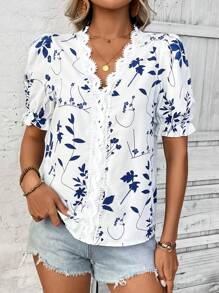 SHEIN LUNE Women Casual Floral Print Ruffle Trim Short Sleeve Blouse