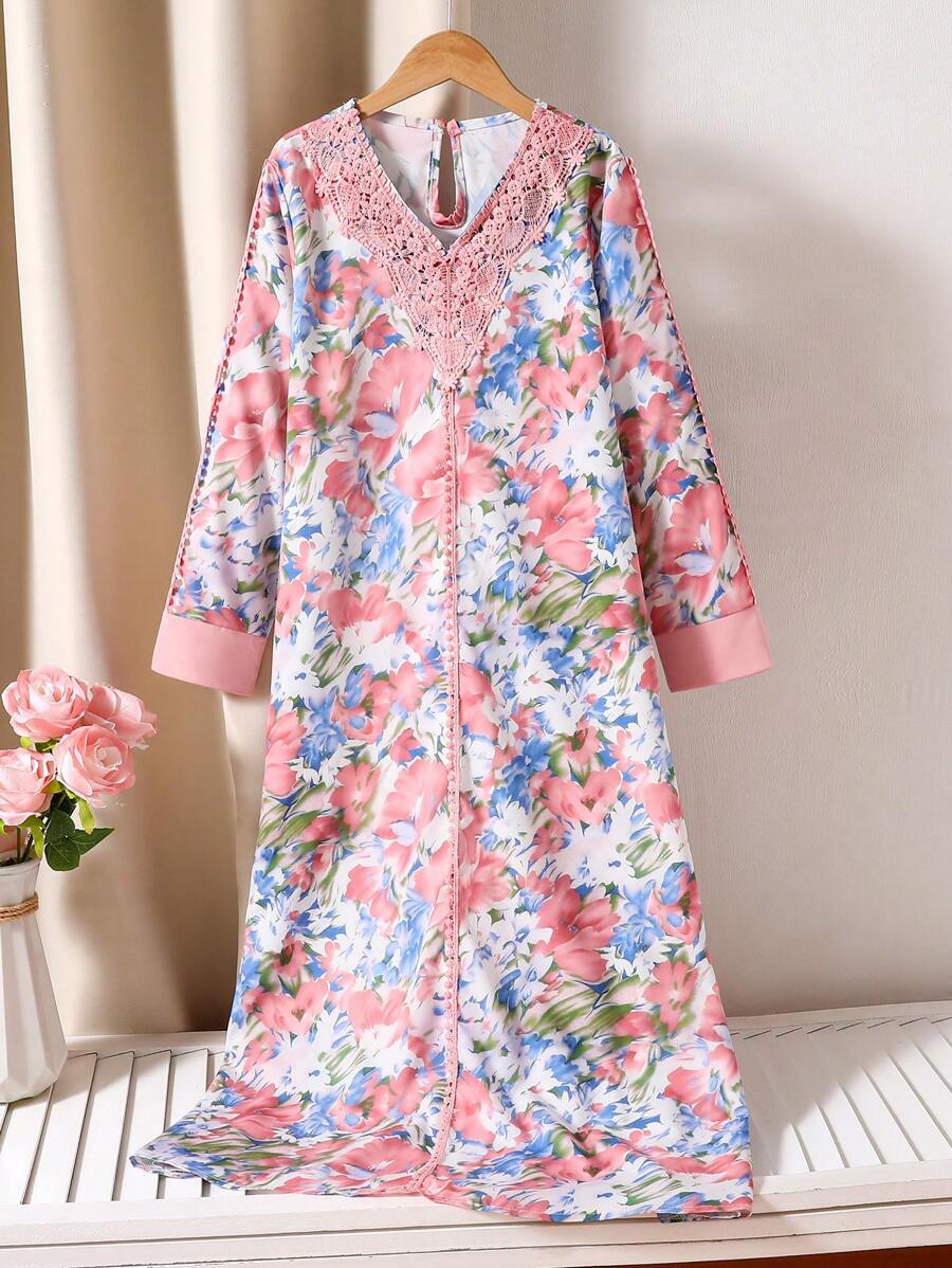 女童简约 V 领长袖夏季连衣裙 - 彩色 - 查看 1
