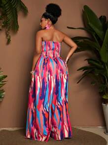 Maweii Plus Size Colorful Print Twisted Ruched High Waist Wide Leg Jumpsuits