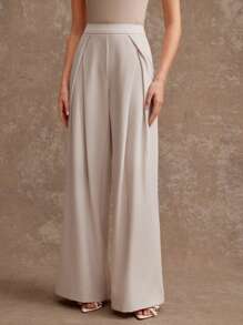 L'Amorae 夏季女装女士米色纯色精致百褶阔腿宽松休闲裤百搭女裤阔腿裤日常老花办公室女裤