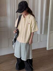 Dazy Kids 青少年女孩花卉刺绣蝴蝶领短袖衬衫，春夏季，返校服装 - 杏色 - 查看 2
