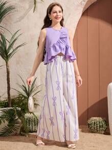 SHEIN 2pcs/Set Teens Girls Ruffled Crew Neck Short Sleeve Top And Bowknot Striped Long Pants Set - Purple - View 4