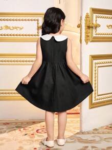 SHEIN Leap Crew Young Girl's Color Block Peter Pan Collar, Cute & Elegant & Sweet Peter Pan Collar, Fitting A- Line Dress, Valentine's Day, For School Daily Wear & Vacation & Holidays & Birthdays, Sisters Matching. - Black - View 6