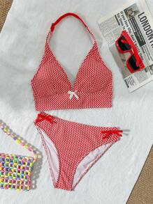 SHEIN Conjunto de 2 piezas de traje de baño para adolescentes con escote de corbata, corte lateral y estampado rojo a cuadros para vacaciones en la playa, trajes de baño de 2 piezas, bikinis para adolescentes, trajes de baño de 2 piezas para niñas
