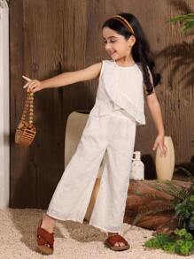 SHEIN 2pcs Set: Young Girl Embroidered Ruffle Hem Sleeveless Top And Pants - White - View 6