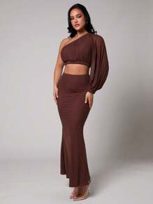 Silquee Chocolate Shirt For Spring And Summer, Brown Asymmetrical Blouse, Short Shirt For Vacation, Vacation Shirt, Seaside, Beach, Seaside Vacation, Daily Wear, Casual Shirt Pool Party, Holiday, Natural Party, Cabin Vacation, Soft And Suitable For Commuting, Daily Vacation Wear, Suitable For Spring Vacation, Seaside Vacation Women's Shirt, Double-Layer Fabric Non-See-Through Pleated Design Shirt, One-Shoulder Shirt,Elegant Tops,Cute Summer Tops - Chocolate Brown - View 6