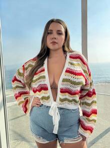 SHEIN Privé 全新春秋季休闲宽松彩虹系带针织设计大码女式开衫 - 彩色 - 查看 5