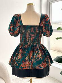 Sweetra Plus Size Elegant Floral Print Puff Sleeve Blouse Elegant Exquisite - Dark Green - View 4